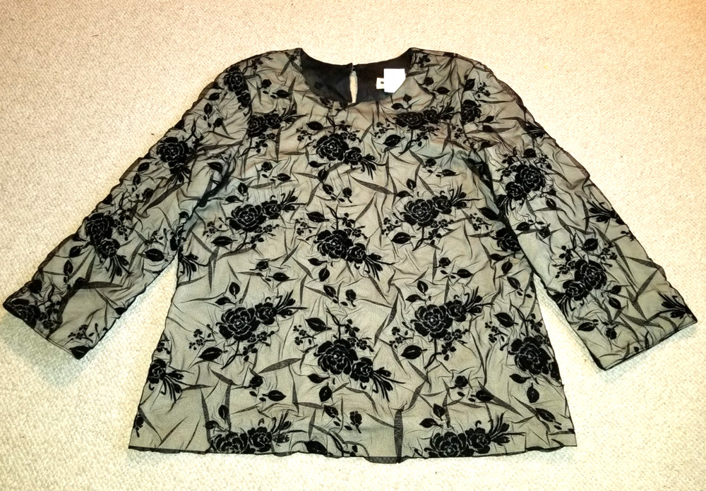 Womens Top-APPLESEED'S-beige/black floral mesh/velvet lined party formal-L